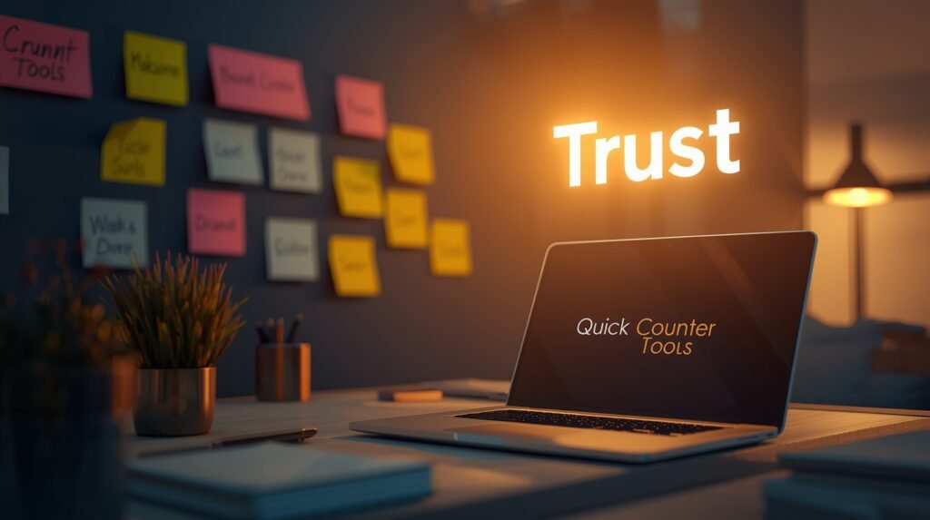 Modern workspace showing the importance of trust in the psychology of business names, name combiner, with a laptop and sticky notes in the background