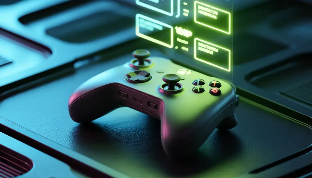 A high-tech Xbox controller with holographic neon green digital screens displaying gamertag ideas by Quick Counter Tools.