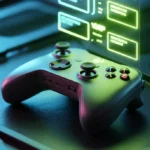 A high-tech Xbox controller with holographic neon green digital screens displaying gamertag ideas by Quick Counter Tools.