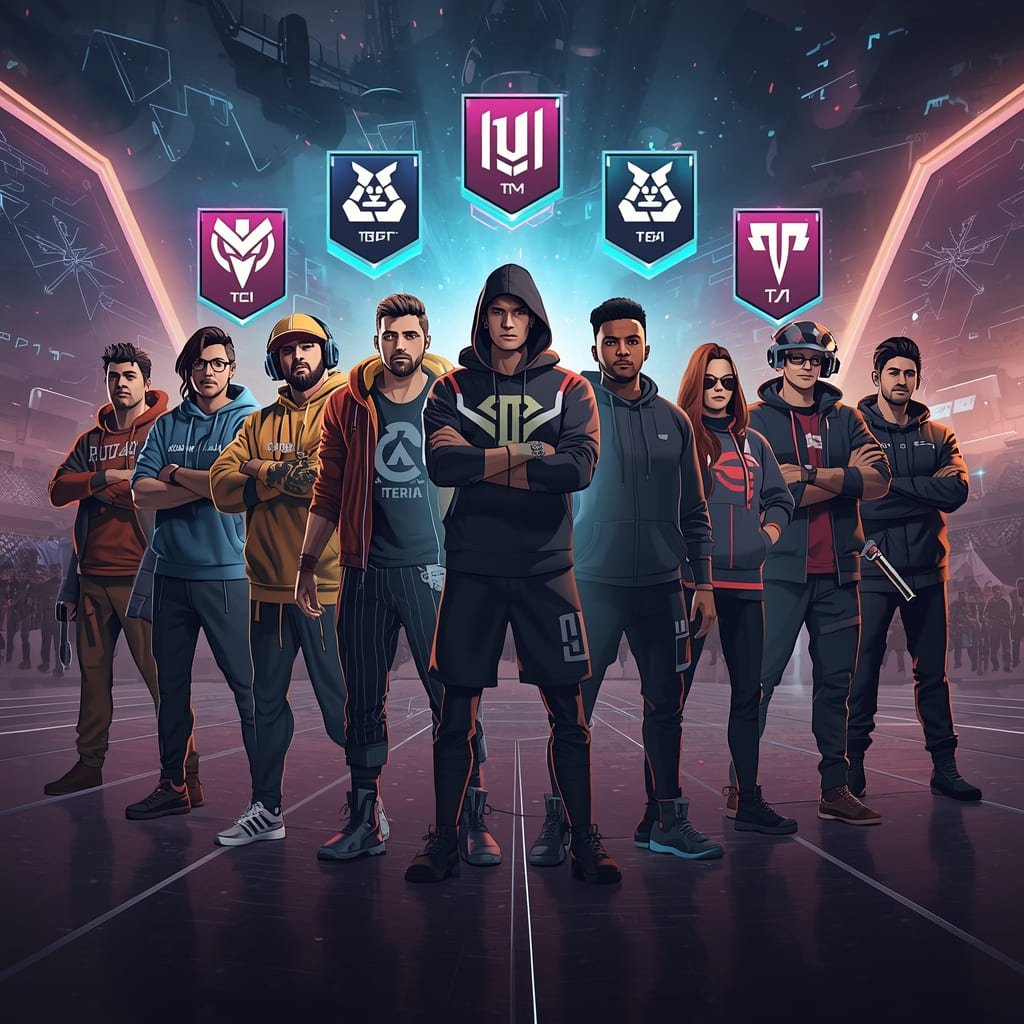 A diverse team of professional gamers standing together under holographic badges, featuring good clan names ideas from Quick Counter Tools