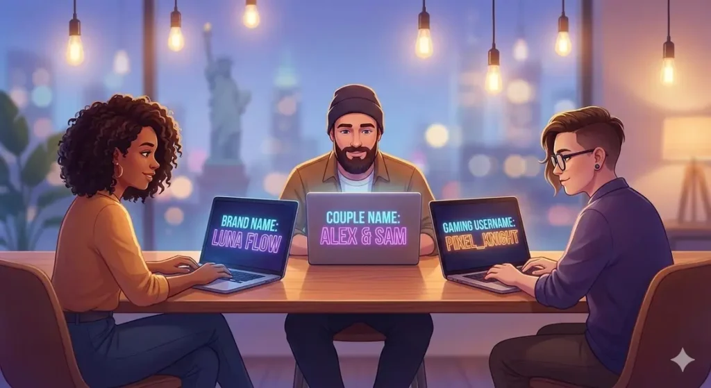 Three people working on laptops creating brand and gaming names