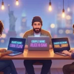 Three people working on laptops creating brand and gaming names
