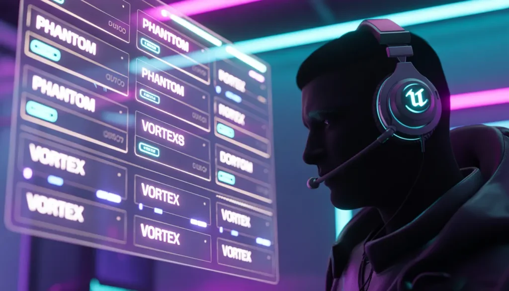 A futuristic digital dashboard showing cool nickname ideas like Phantom and Vortex, designed for gamers by Quick Counter Tools nickname finder.