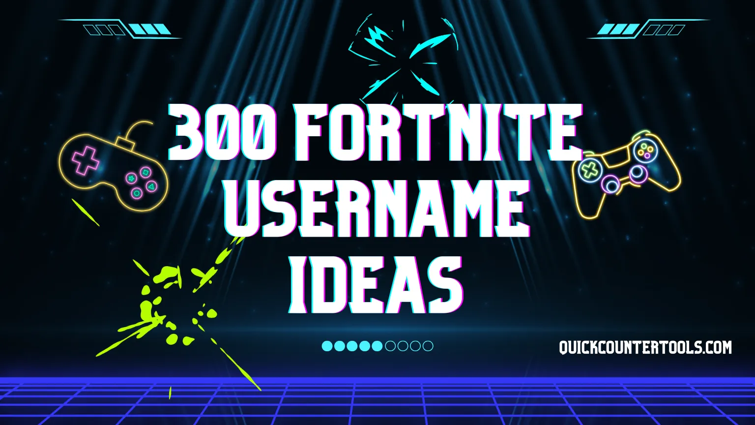 A horizontal gaming graphic with a dark blue and neon background featuring glowing light beams and a digital grid floor. Two neon gaming controllers line the left and right sides. Bold white text in the center reads '300 FORTNITE USERNAME IDEAS' with the website link quickcountertools.com printed in white at the bottom right corner.