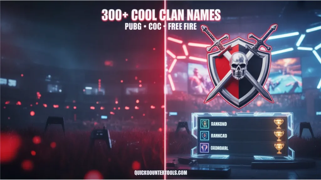 professional gaming leaderboard featuring cool clan names and a tactical shield logo for competitive squads in PUBG and Free Fire.