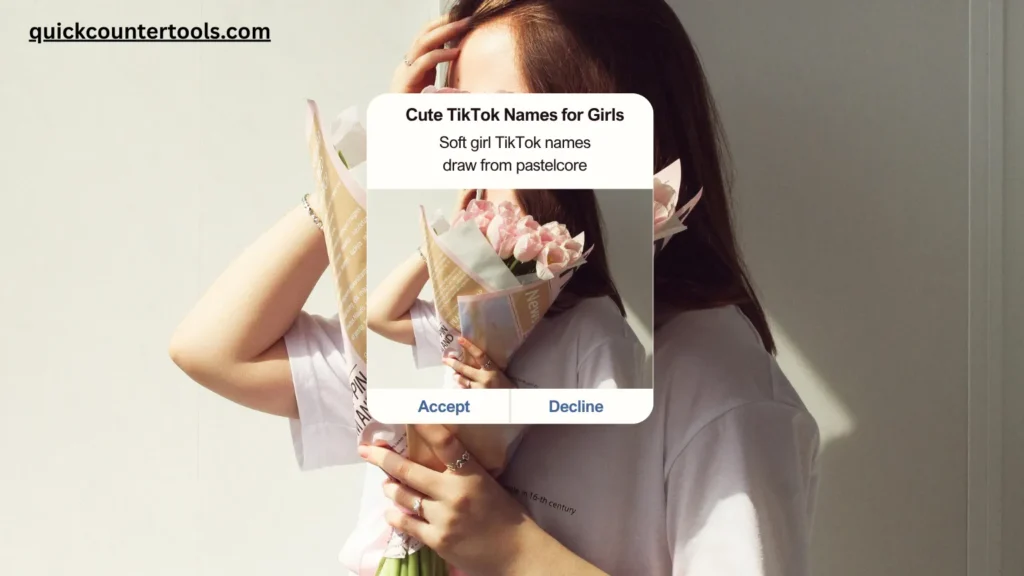 A pink and white aesthetic TikTok notification overlay showing cute TikTok names for girls with a soft girl holding tulips in the background.