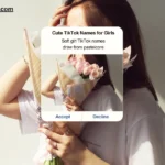 A pink and white aesthetic TikTok notification overlay showing cute TikTok names for girls with a soft girl holding tulips in the background.