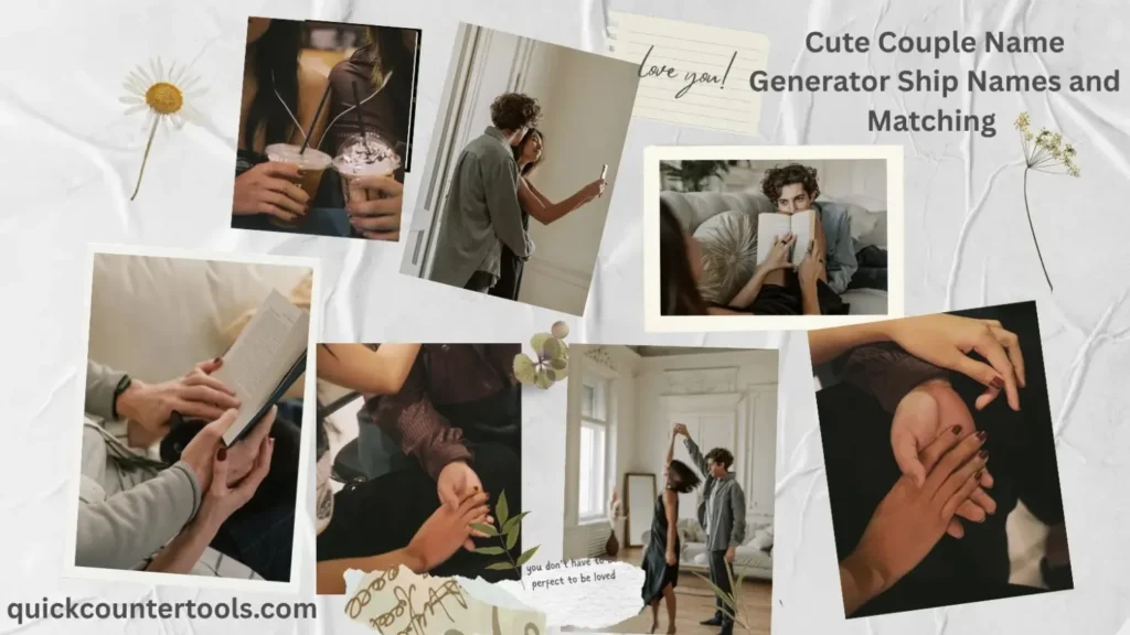 A collage of cute couple photos with a soft white aesthetic background. Text on the top right reads 'Cute Couple Name Generator Ship Names and Matching' and the website quickcountertools.com is at the bottom left