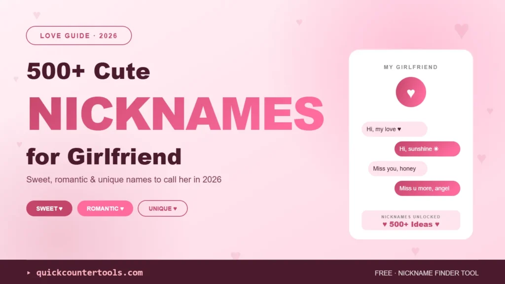 Infographic displaying cute nicknames for girlfriend with romantic chat bubble template designs by Quick Counter Tools.