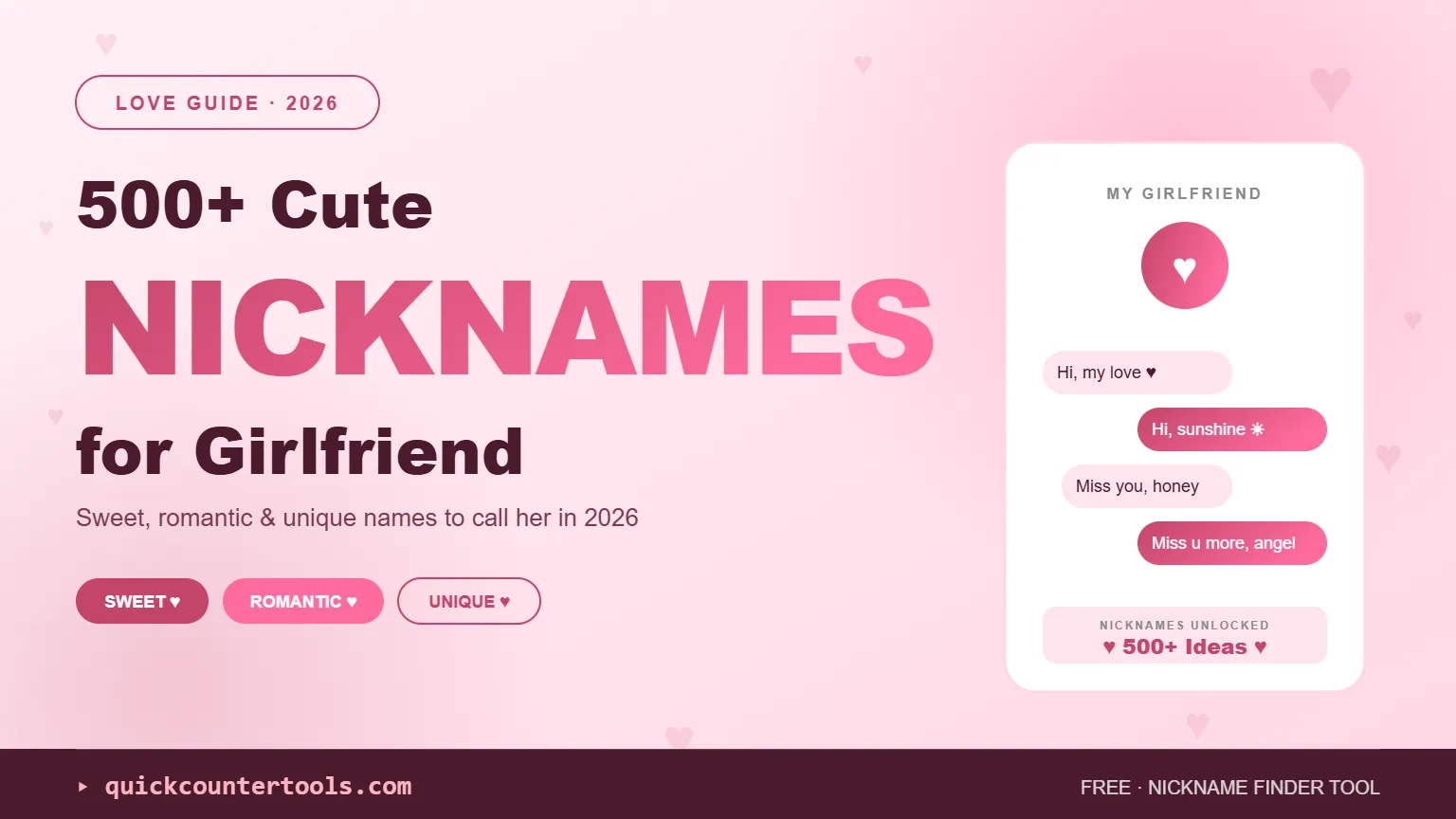 Infographic displaying cute nicknames for girlfriend with romantic chat bubble template designs by Quick Counter Tools.