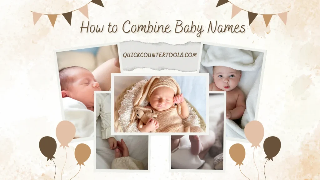 A beautiful collage of newborn baby photos featuring the title 'How to Combine Baby Names' with soft brown balloons and decorative banners for QuickCounterTools.com.