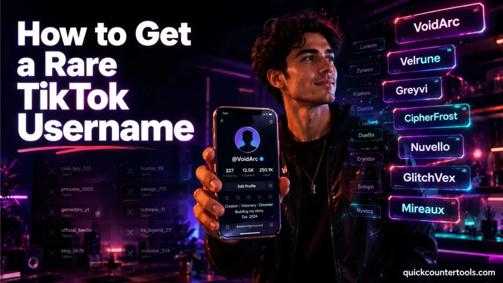 How to Get Rare TikTok Username – creator choosing a unique and original username with creative username ideas in a modern digital studio | Quick Counter Tools