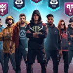 A diverse team of professional gamers standing together under holographic badges, featuring good clan names ideas from Quick Counter Tools