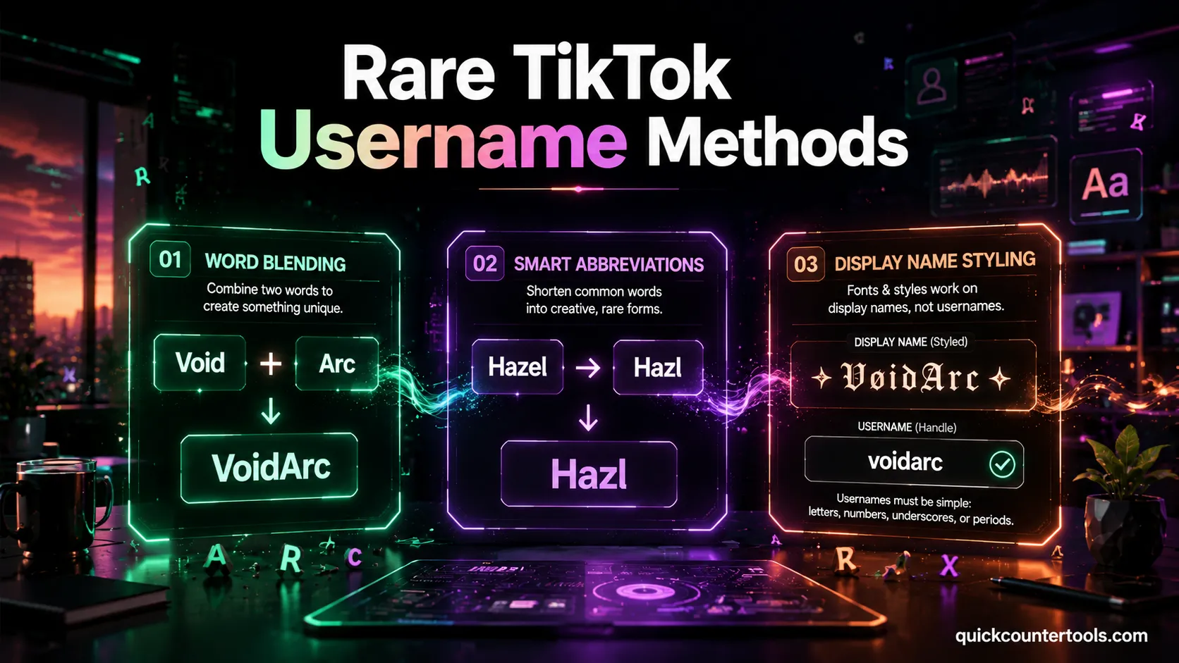Rare TikTok Username Methods infographic showing word blending, smart abbreviations, and display name styling techniques for creating unique TikTok usernames | Quick Counter Tools