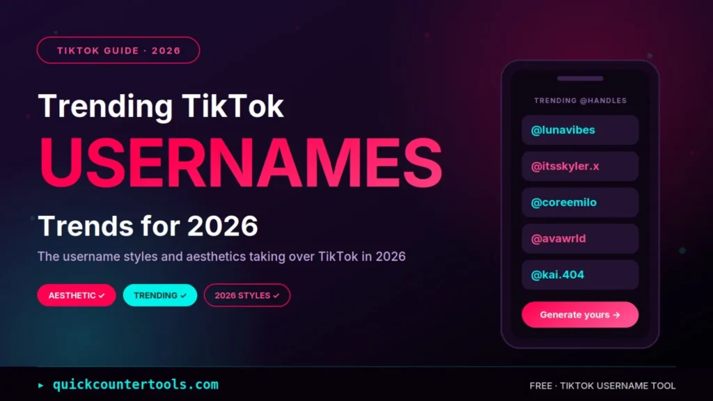 A premium 2026 TikTok guide header image for quickcountertools.com highlighting trending TikTok usernames. The dark modern layout displays a smartphone mockup showcasing popular handles