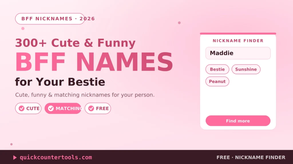 Best friend nicknames shown as cute BFF name tags on a warm pastel background