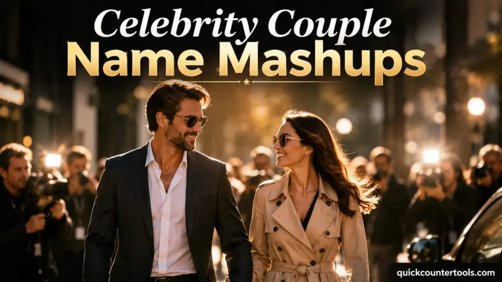 Elegant Hollywood-style couple walking together with the title "Celebrity Couple Name Mashups", representing famous celebrity ship names and creative celebrity name combinations