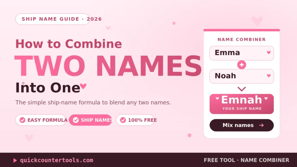 A pink graphic banner explaining how to combine two names into one using a free online name combiner tool, featuring a relationship ship-name example of Emma and Noah blending into Emnah.