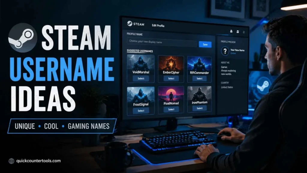Steam username ideas featured image showing a gamer selecting unique gaming names on a Steam profile screen, generated with Quick Counter Tools Steam username generator.
