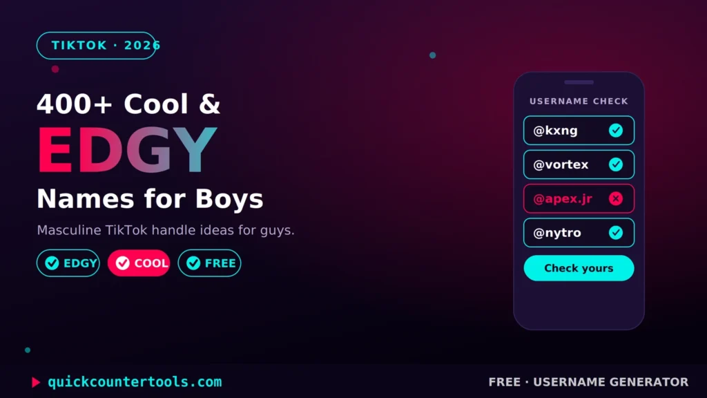 TikTok username ideas for boys shown as cool handle ideas on a dark TikTok-style background