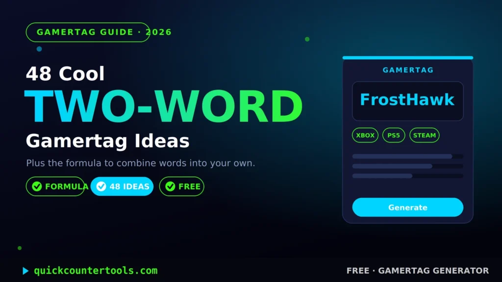 Two word gamertag ideas shown as styled gaming name cards on a dark neon background