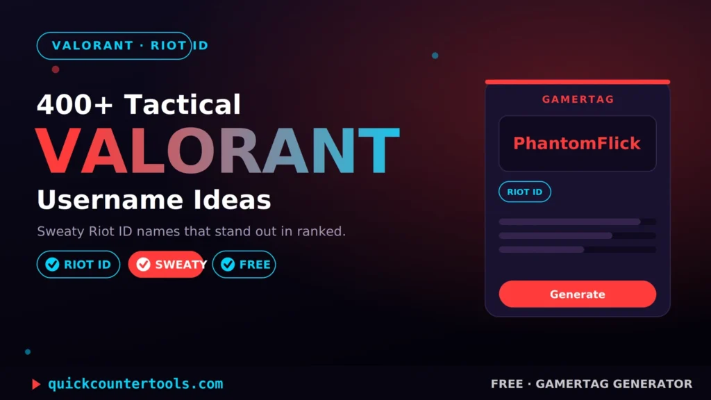 Valorant username ideas shown as a Riot ID name and tagline on a dark tactical background